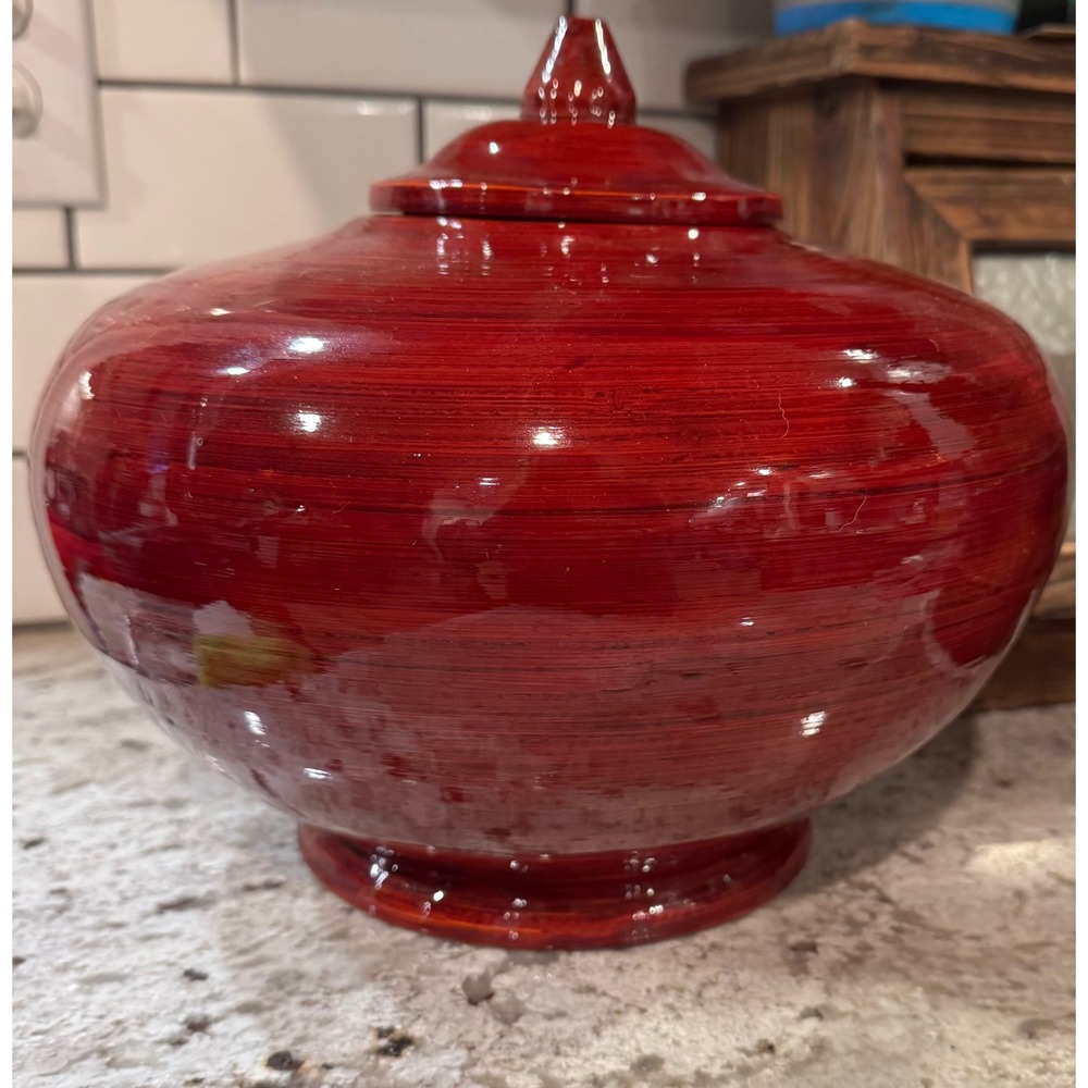 World Market Red Lacquered Spun Bamboo Ginger Jar with Lid Made in Vietnam
